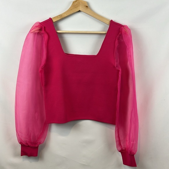 House of Harlow 1960 Hot Pink Sheer Puff Long‎ Sleeve Cropped Knit Top Size S - Picture 2 of 9